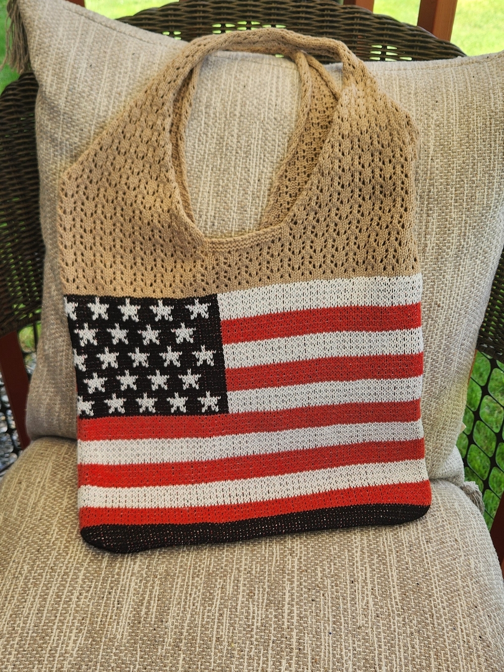 Handcrafted American Flag Knit Tote Bag in Tan and Red, White, Blue. Brand New.
